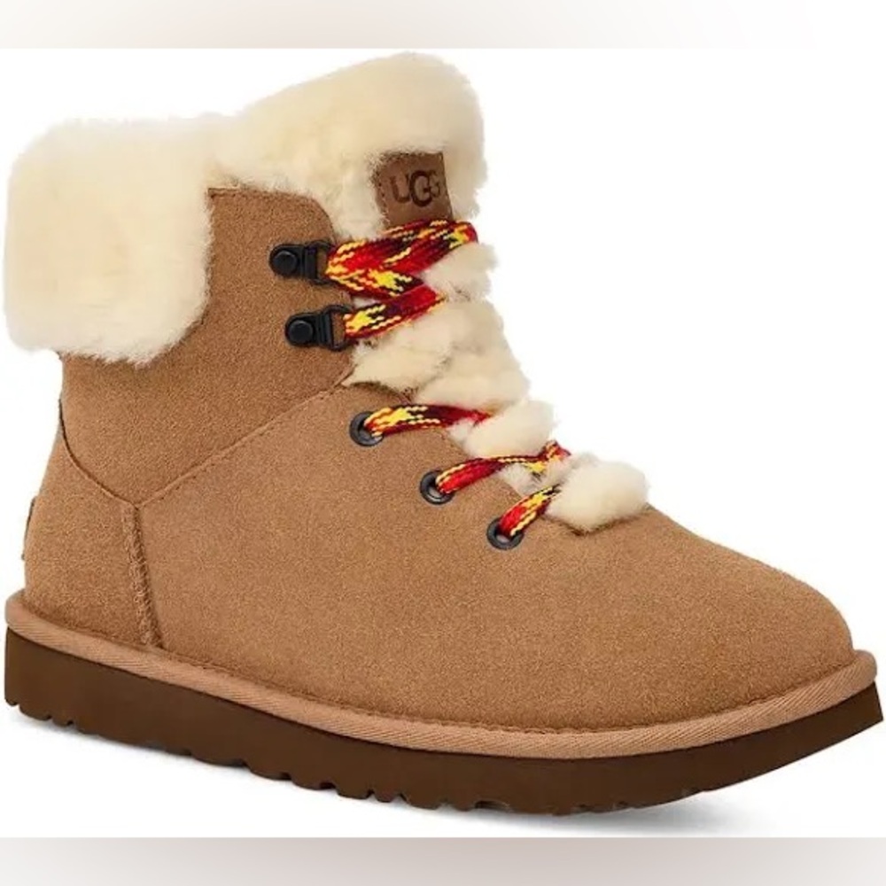 UGG CLASSIC MINI ALPINE LACE BOOT CHESTNUT SUEDE WOOL LINED WOMEN US 5 $170